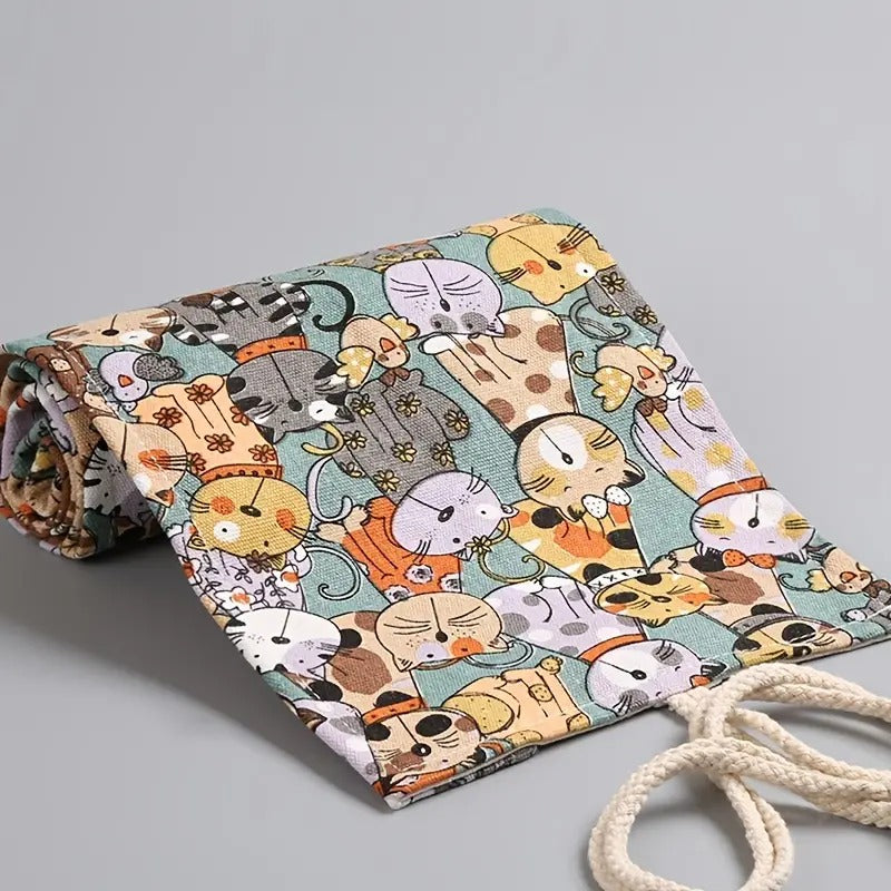 Cute Cat Cartoon Cotton Canvas Pen Bag with 108 Holes