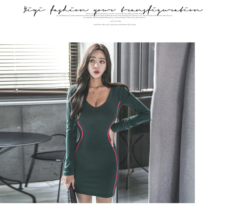 Long Sleeve Dress, V-Neck Dress, Bodycon Skirt, Korean Style Dress