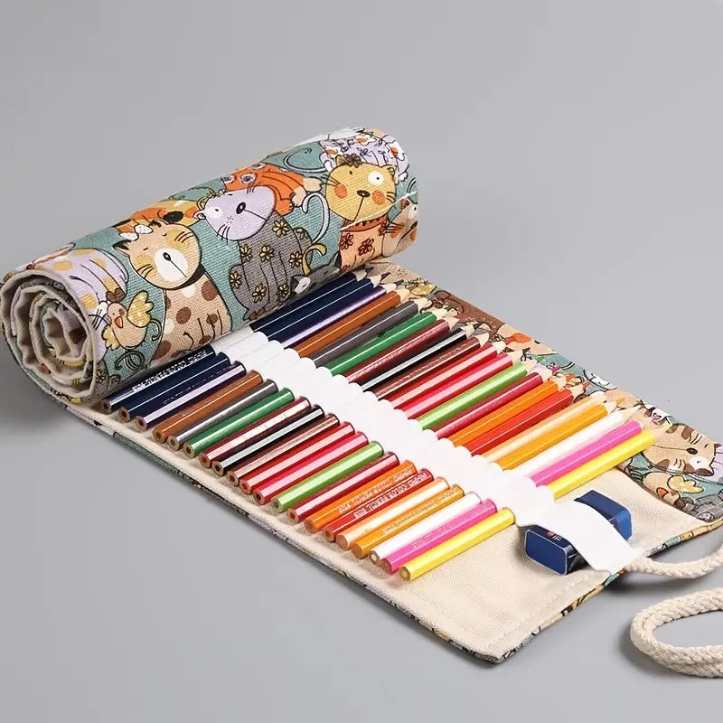 Cute Cat Cartoon Cotton Canvas Pen Bag with 108 Holes