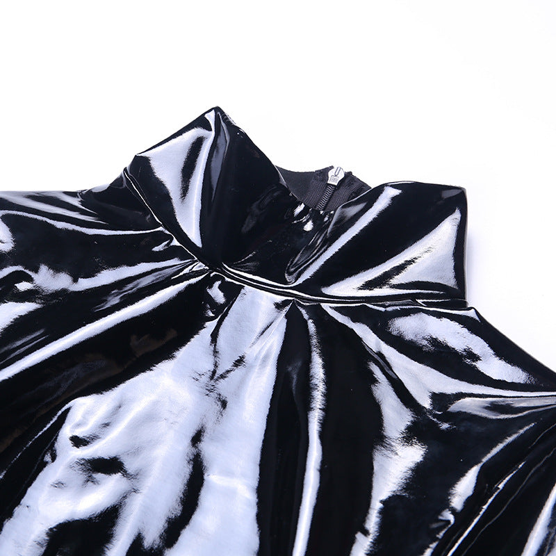 Black Long-Sleeved PU Leather Slim Bodysuit