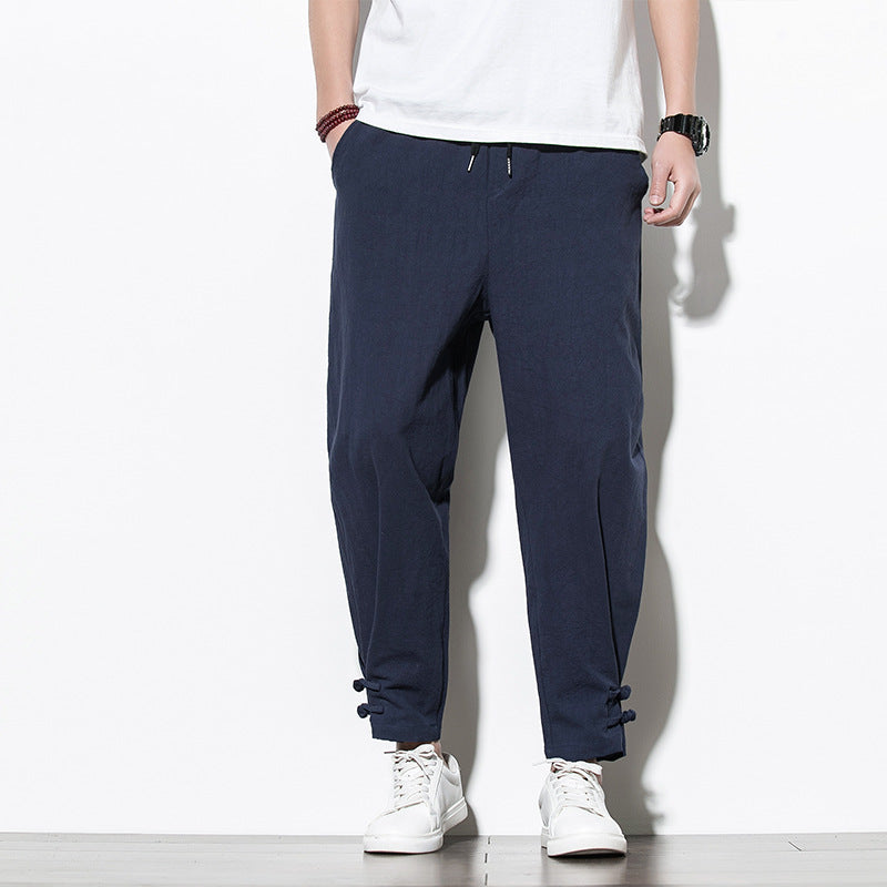 Loose-Fit Cotton Linen Cuffed Joggers for Men