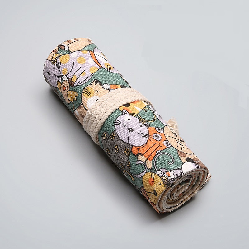 Cute Cat Cartoon Cotton Canvas Pen Bag with 108 Holes