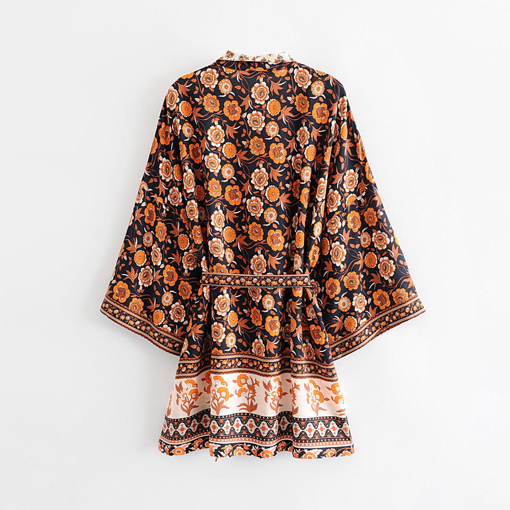New Women's Black Floral Waist Loose Short Kimono