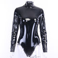 Black Long-Sleeved PU Leather Slim Bodysuit