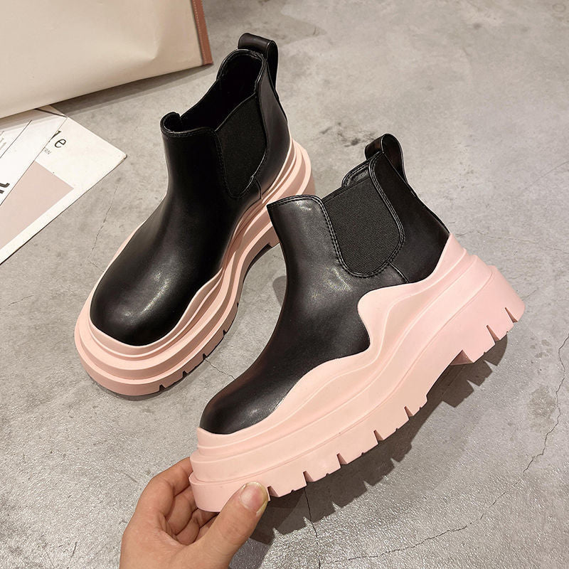 Thick Soled Microfiber Leather Ankle Boots
