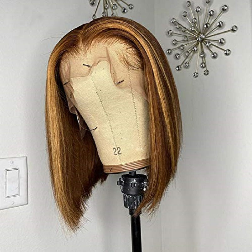 Medium Dyed Brown Gold Short Straight Wig for Women