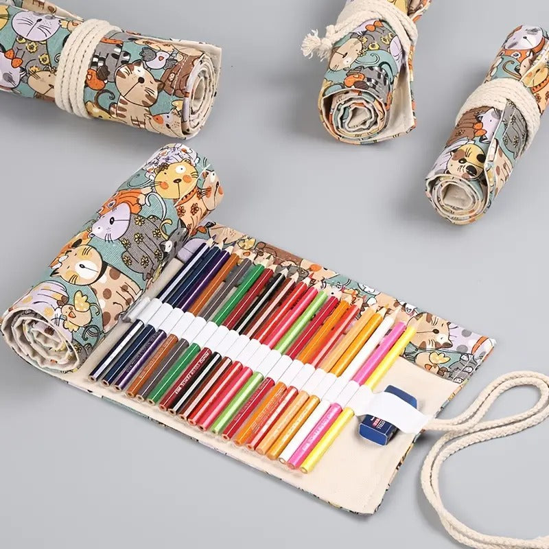 Cute Cat Cartoon Cotton Canvas Pen Bag with 108 Holes
