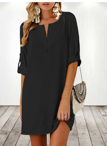 Cotton Linen Loose 3/4 Sleeve Midi Dress