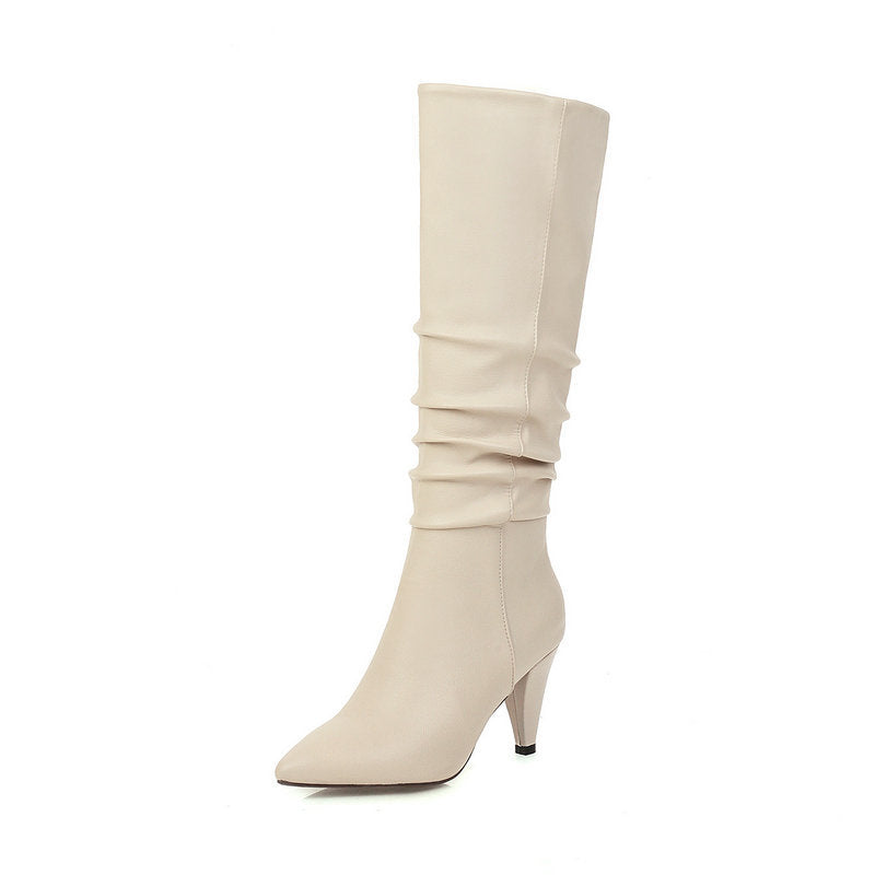 Tapered Heel Pointed Toe Leather Velvet High Boots