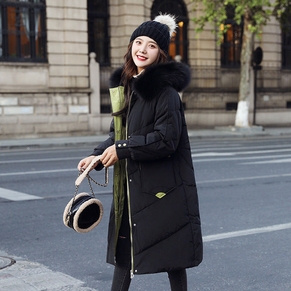 Women's Mid-Length Hooded Down Jacket with Fur Collar