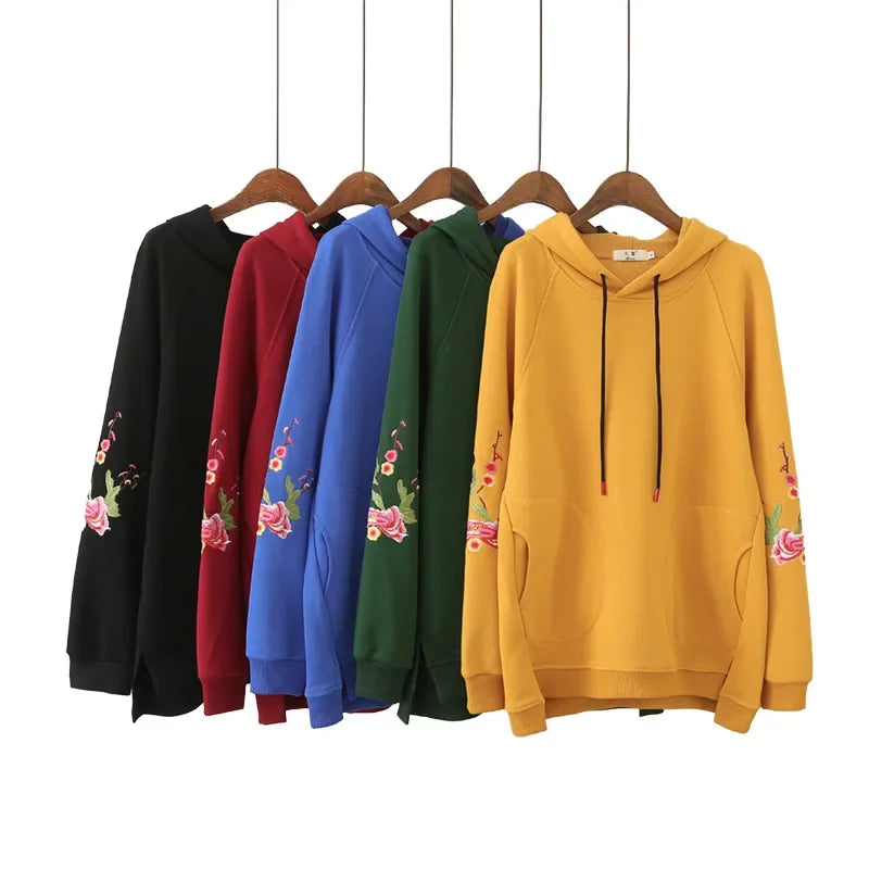 Plus Size Hoodie Pullover with Peony Embroidery for Women
