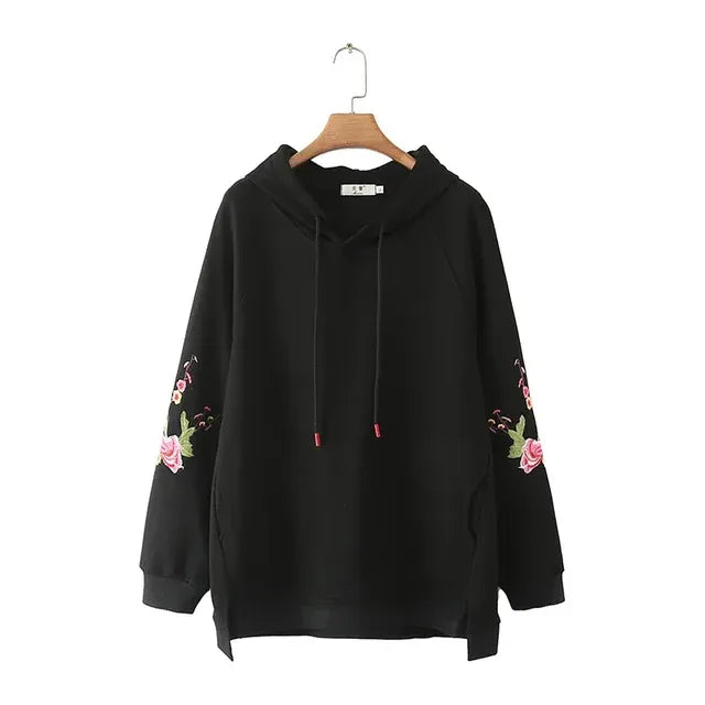 Plus Size Hoodie Pullover with Peony Embroidery for Women