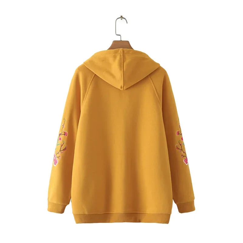 Plus Size Hoodie Pullover with Peony Embroidery for Women