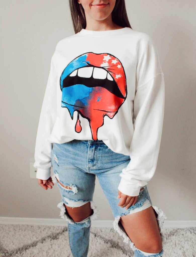 Round Neck Loose Sweater with Lashes Lip Print 2192