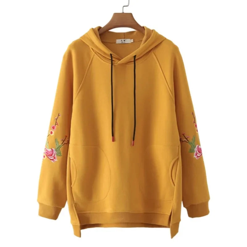 Plus Size Hoodie Pullover with Peony Embroidery for Women