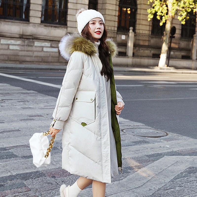Women's Mid-Length Hooded Down Jacket with Fur Collar