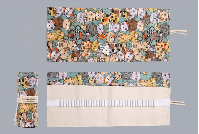 Cute Cat Cartoon Cotton Canvas Pen Bag with 108 Holes