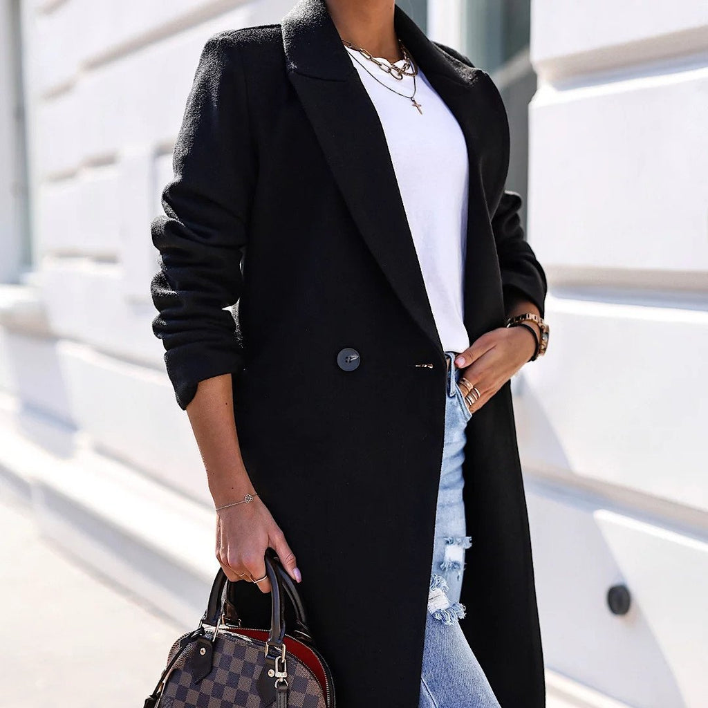 Women's Long Sleeve Lapel Button Woolen Coat