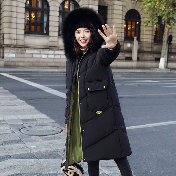 Women's Mid-Length Hooded Down Jacket with Fur Collar