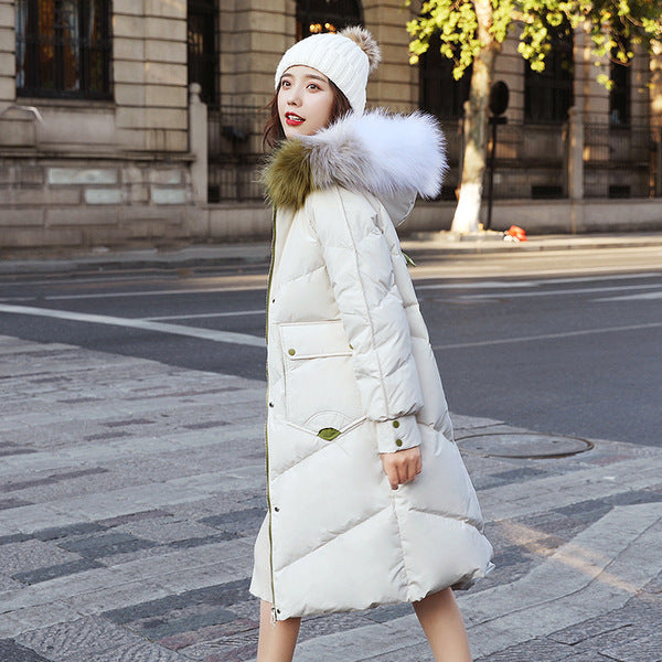 Women's Mid-Length Hooded Down Jacket with Fur Collar