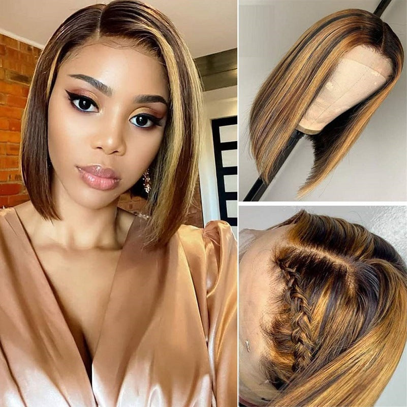 Medium Dyed Brown Gold Short Straight Wig for Women