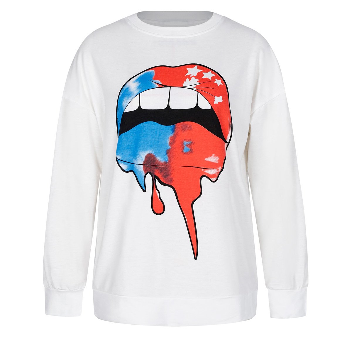 Round Neck Loose Sweater with Lashes Lip Print 2192