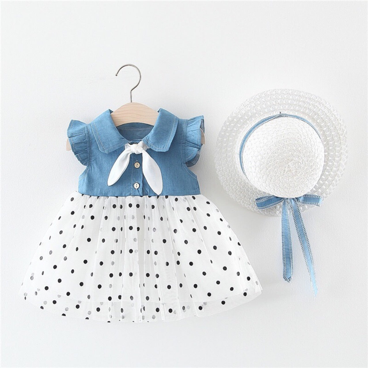 Denim Bow Tie with Polka Dot Yarn Dress Combo