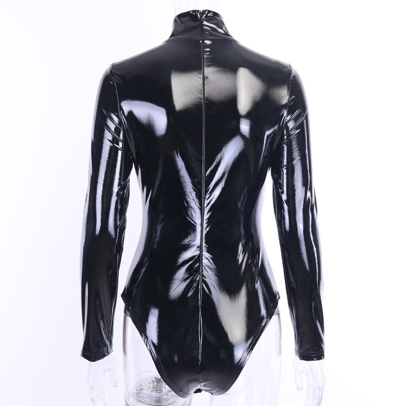 Black Long-Sleeved PU Leather Slim Bodysuit