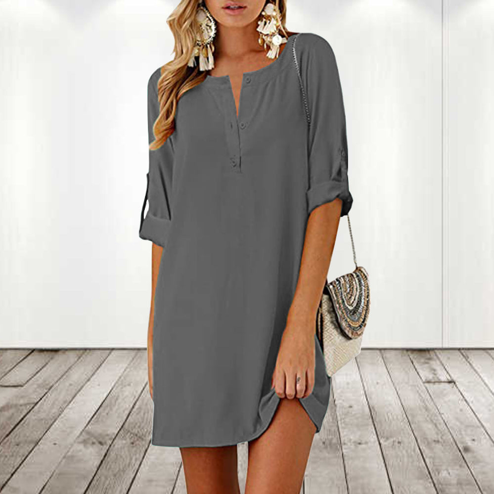 Cotton Linen Loose 3/4 Sleeve Midi Dress