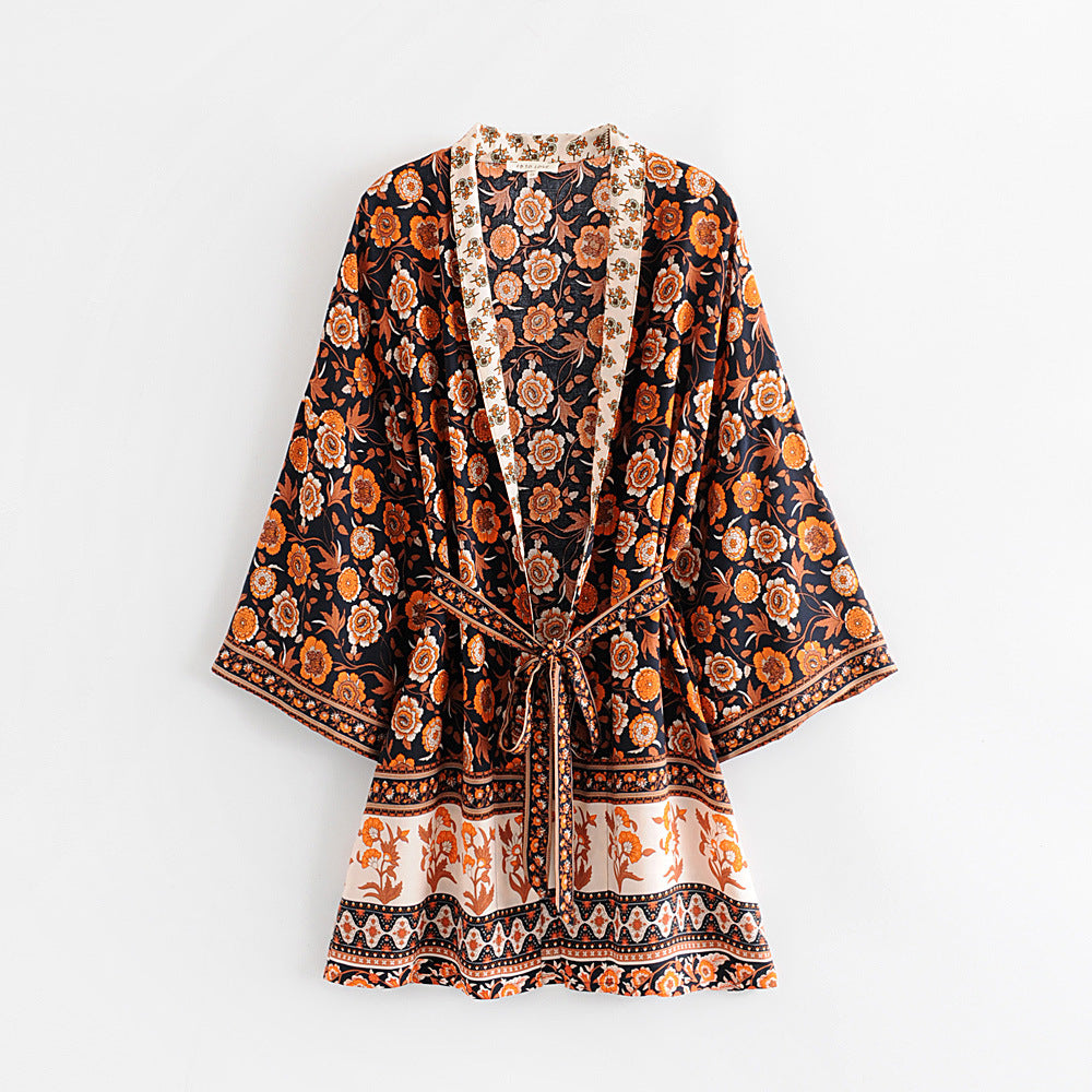 New Women's Black Floral Waist Loose Short Kimono