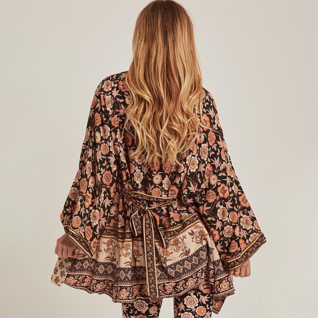 New Women's Black Floral Waist Loose Short Kimono